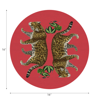Leopard Seeing Double Crimson Vegan Leather Round Pebble Placemat
