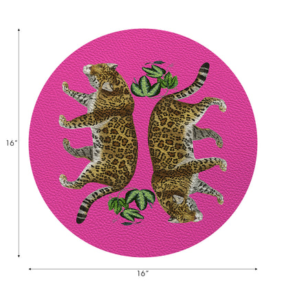 Leopard Seeing Double Hot Pink Vegan Leather Round Pebble Placemat