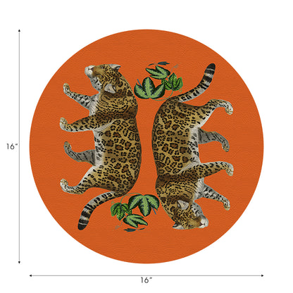 Leopard Seeing Double Orange Vegan Leather Round Pebble Placemat