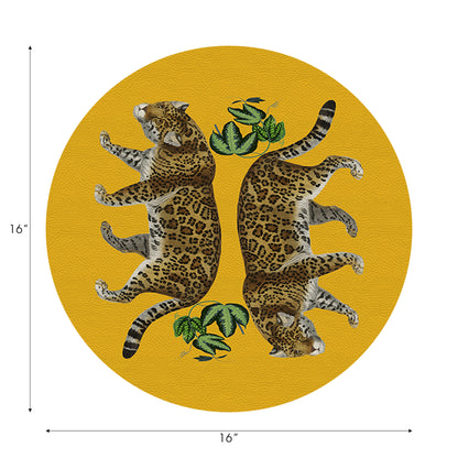 Leopard Seeing Double Yellow Vegan Leather Round Pebble Placemat