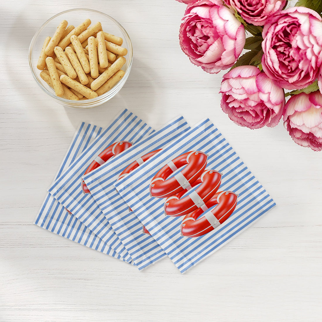 Marine Safety Buoy Ring Blue Stripe Cotton Sateen Cocktail Napkins - nicolettemayer.com