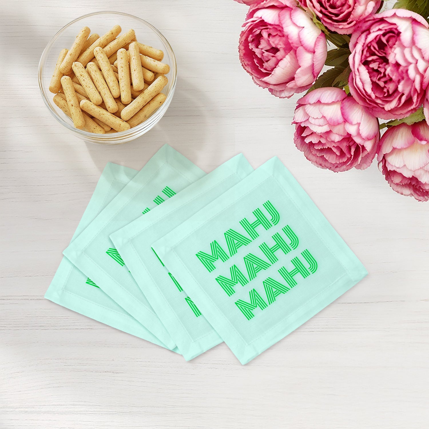 Mahj Mahj Mahj Green Cotton Sateen Cocktail Napkins - nicolettemayer.com
