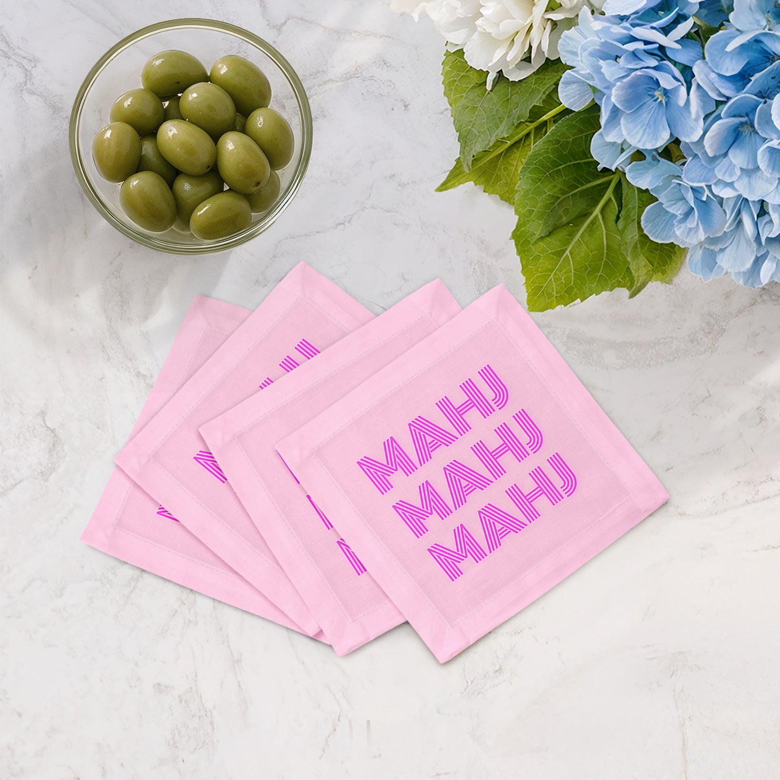 Mahj Mahj Mahj Pink Cotton Sateen Cocktail Napkins - nicolettemayer.com