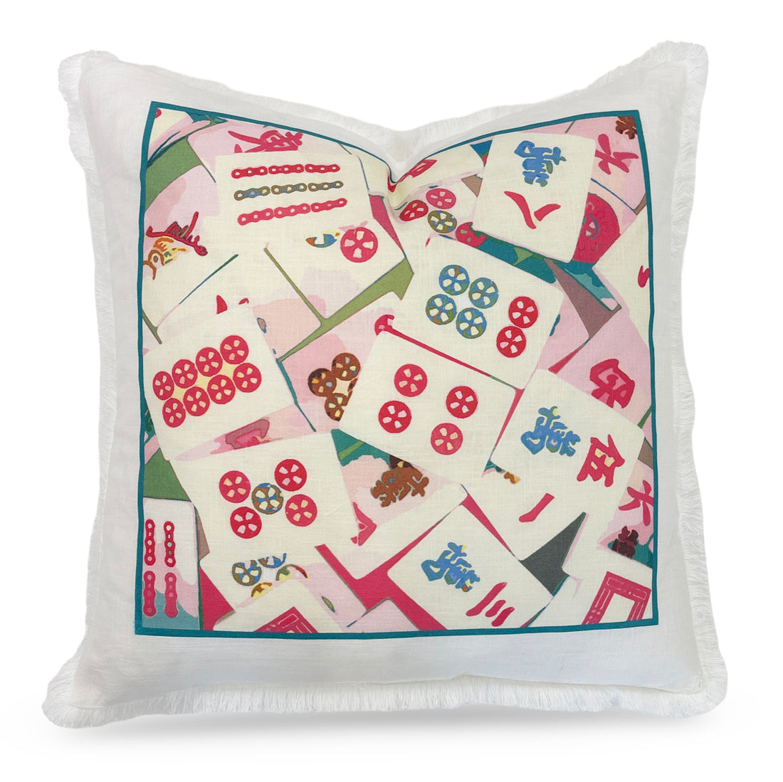 Mahjong Abstract Pinks 22x22 White Fringe Pillow