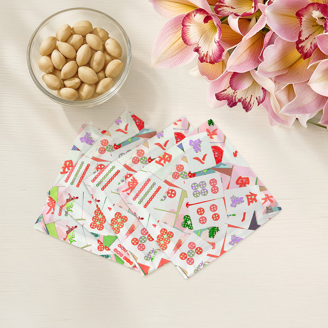 Mahjong Abstract Petal Cotton Sateen Cocktail Napkins - nicolettemayer.com