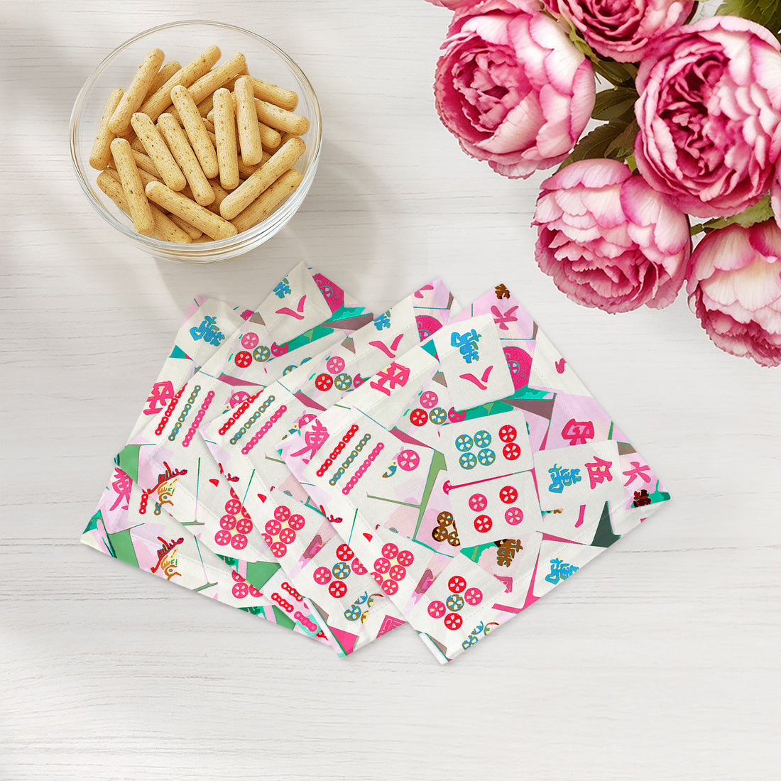 Mahjong Abstract Pinks Cotton Sateen Cocktail Napkins - nicolettemayer.com