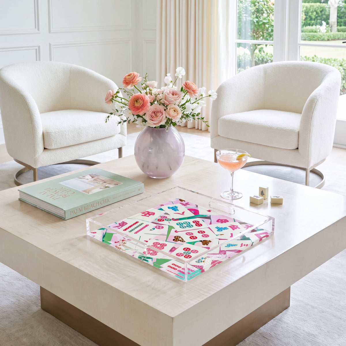 Mahjong Abstract Pinks Acrylic Decorative Tray, 12 x 12 in. by Nicolette Mayer 