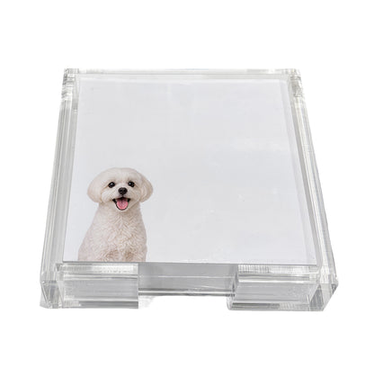 Maltese dog note cards in a clear acrylic holder by Nicolette Mayer