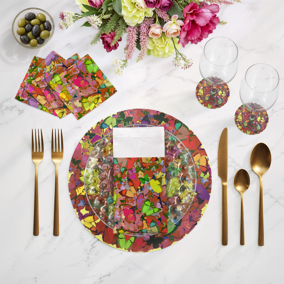 Mariposa Pop Vegan Leather Round Pebble Placemat - nicolettemayer.com