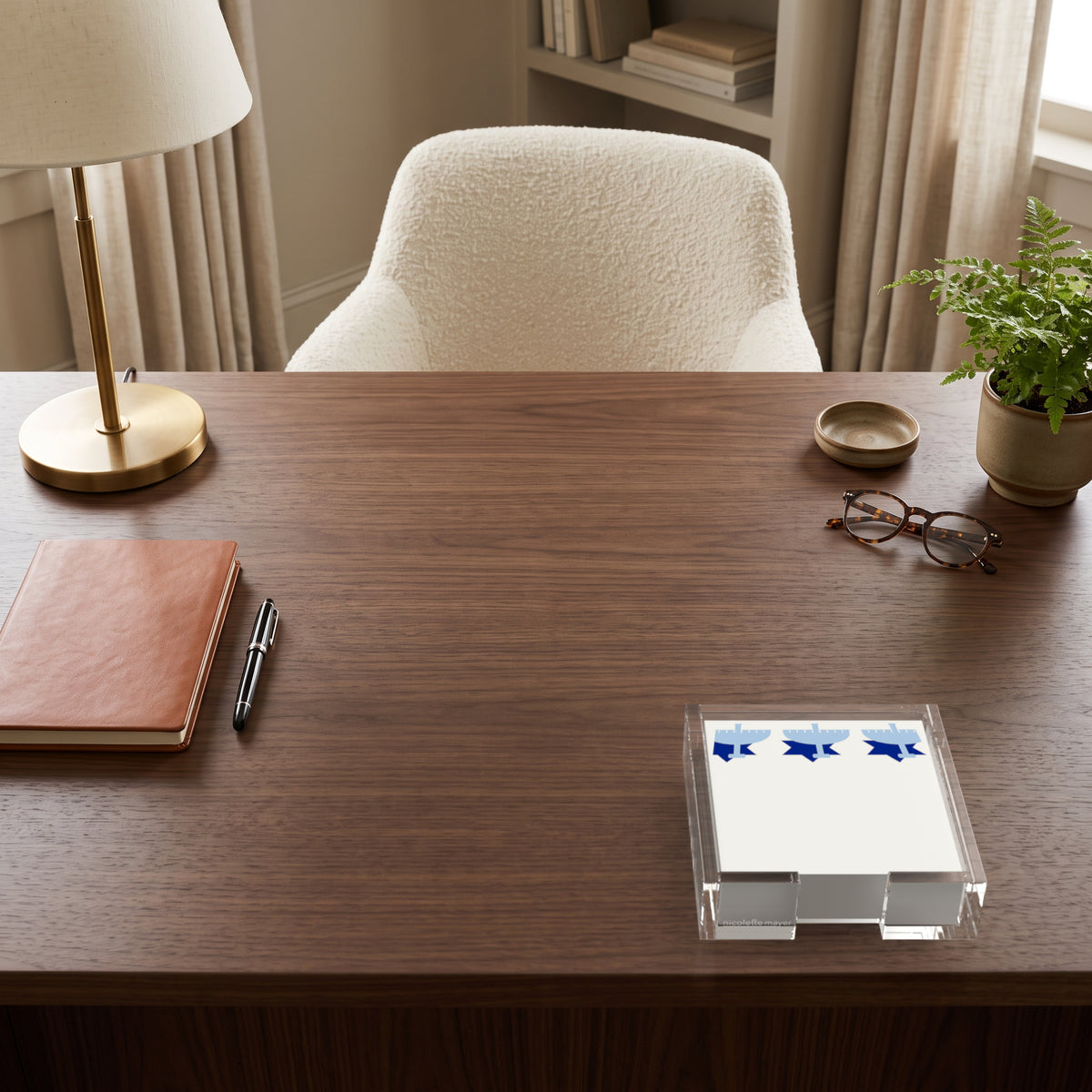 Menorah note cards in a clear acrylic holder on a walnut desk by Nicolette Mayer