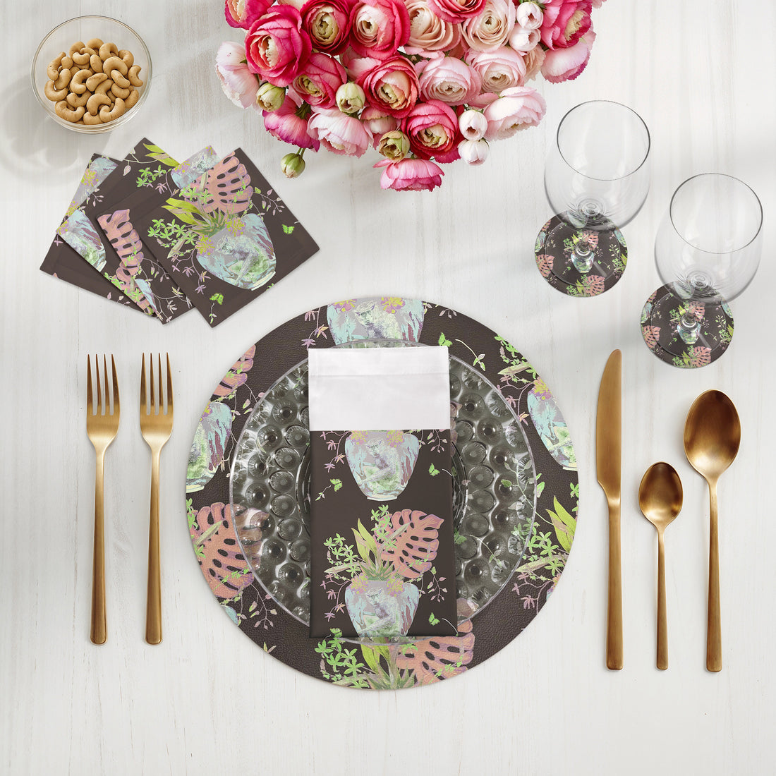 Lot de 4 sets de table ronds Monkey Small Jungle Chocolatte Lime, 16 galets