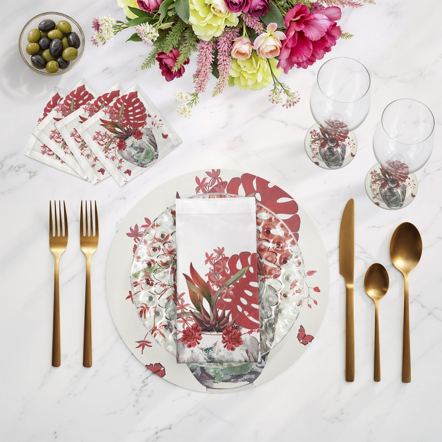 Monkey Large Jungle Rouge Cotton Sateen Cocktail Napkins