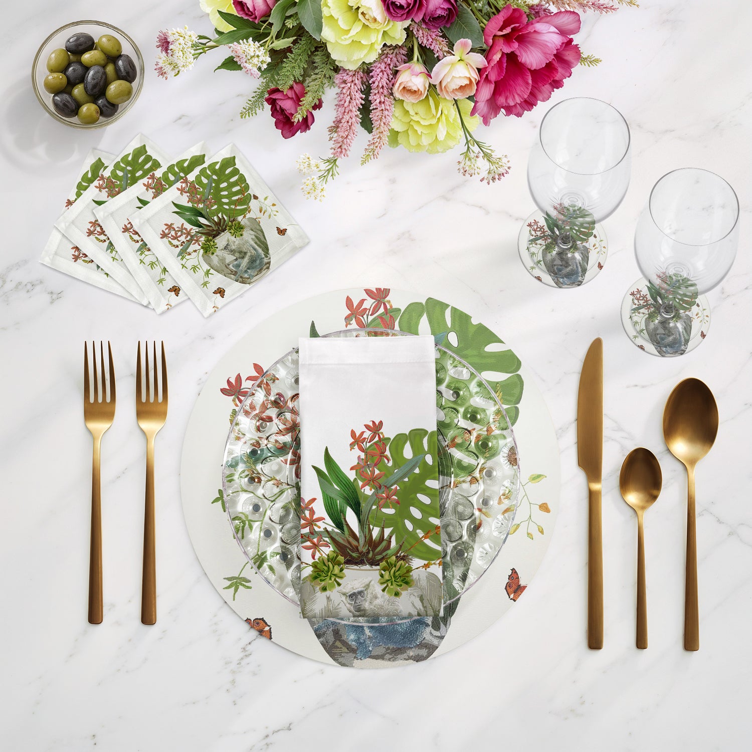 Monkey Large Jungle White Cotton Sateen Cocktail Napkins - nicolettemayer.com