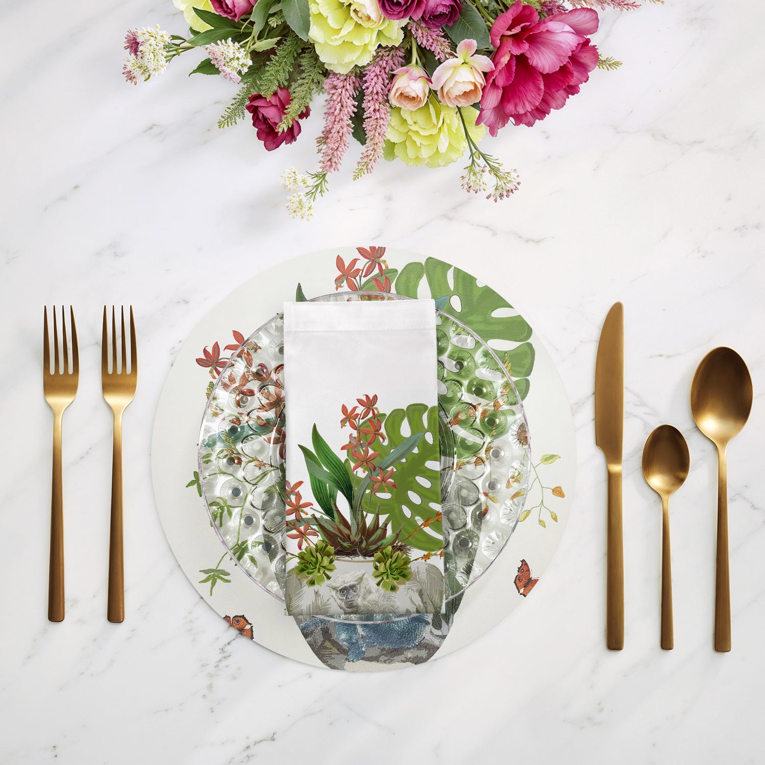 Monkey Jungle White 22"X22" Hemstitch Dinner Table Napkins - nicolettemayer.com