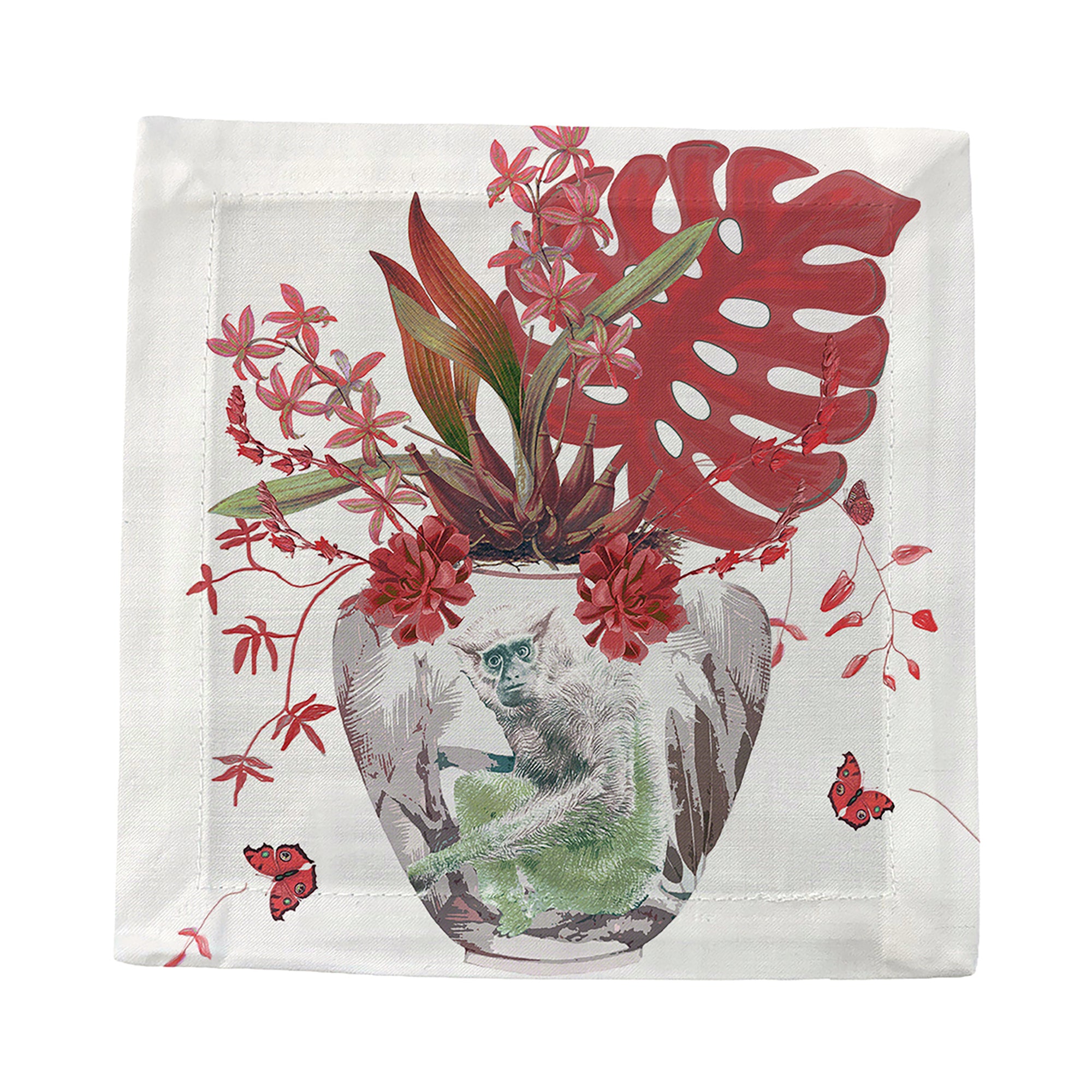 Monkey Large Jungle Rouge Cotton Sateen Cocktail Napkins
