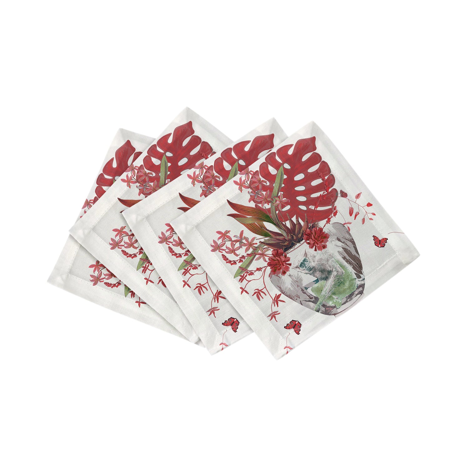 Monkey Jungle Rouge 6X6" Hemstitch Cocktail Napkins - nicolettemayer.com