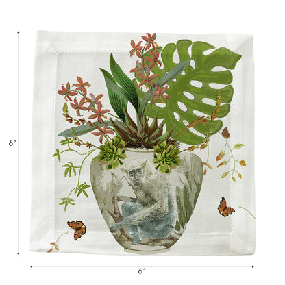 Monkey Large Jungle White Cotton Sateen Cocktail Napkins - nicolettemayer.com