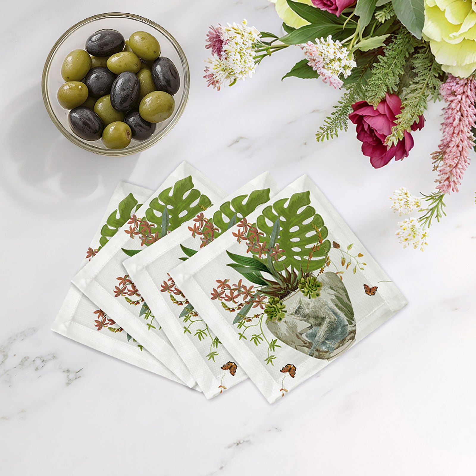 Monkey Large Jungle White Cotton Sateen Cocktail Napkins - nicolettemayer.com