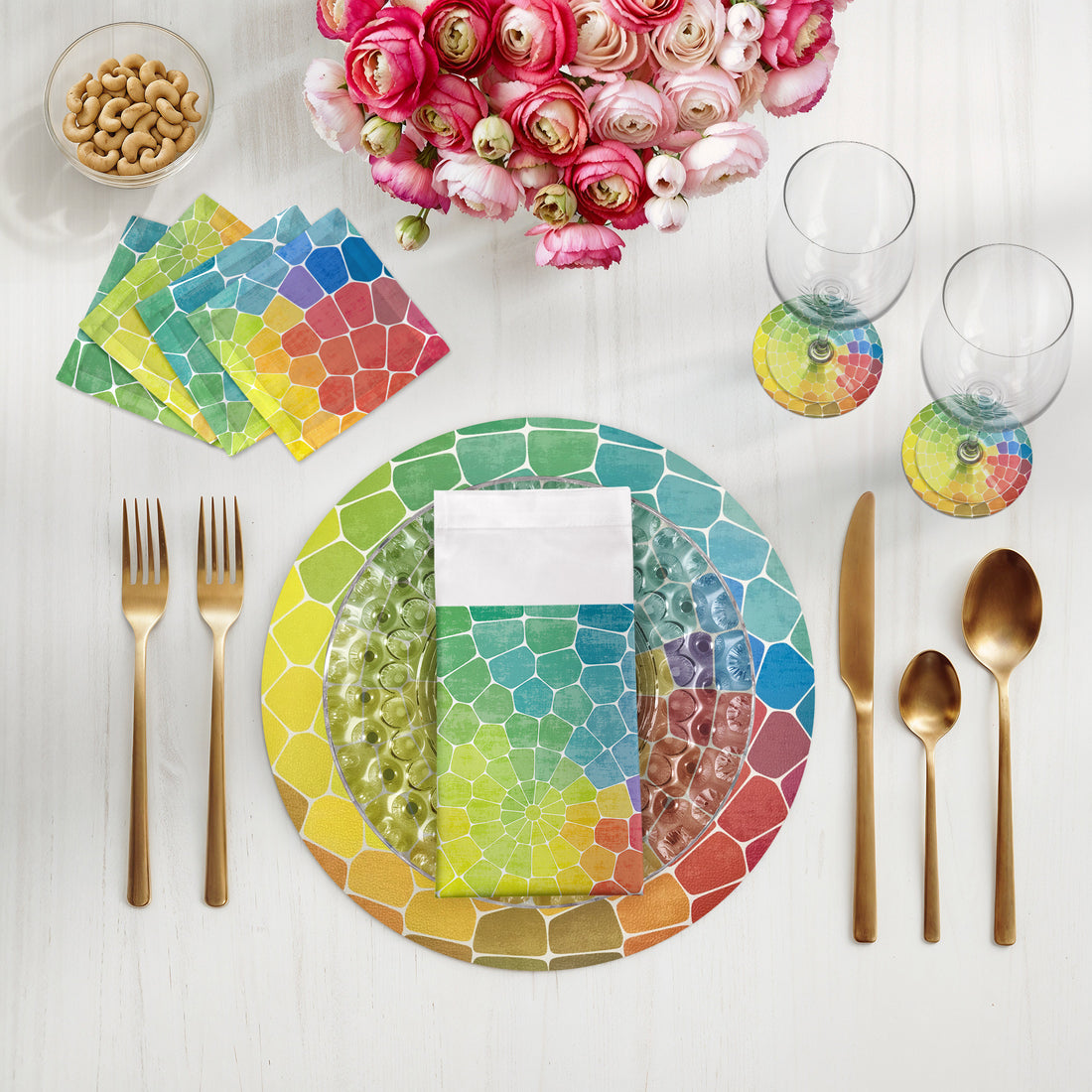 Lot de 4 sets de table ronds en mosaïque jaune multi-tailles, 16 galets
