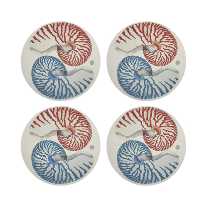 Nautilus Coral Red Turq 16&quot; Round Pebble Placemats, Set of 4 - nicolettemayer.com
