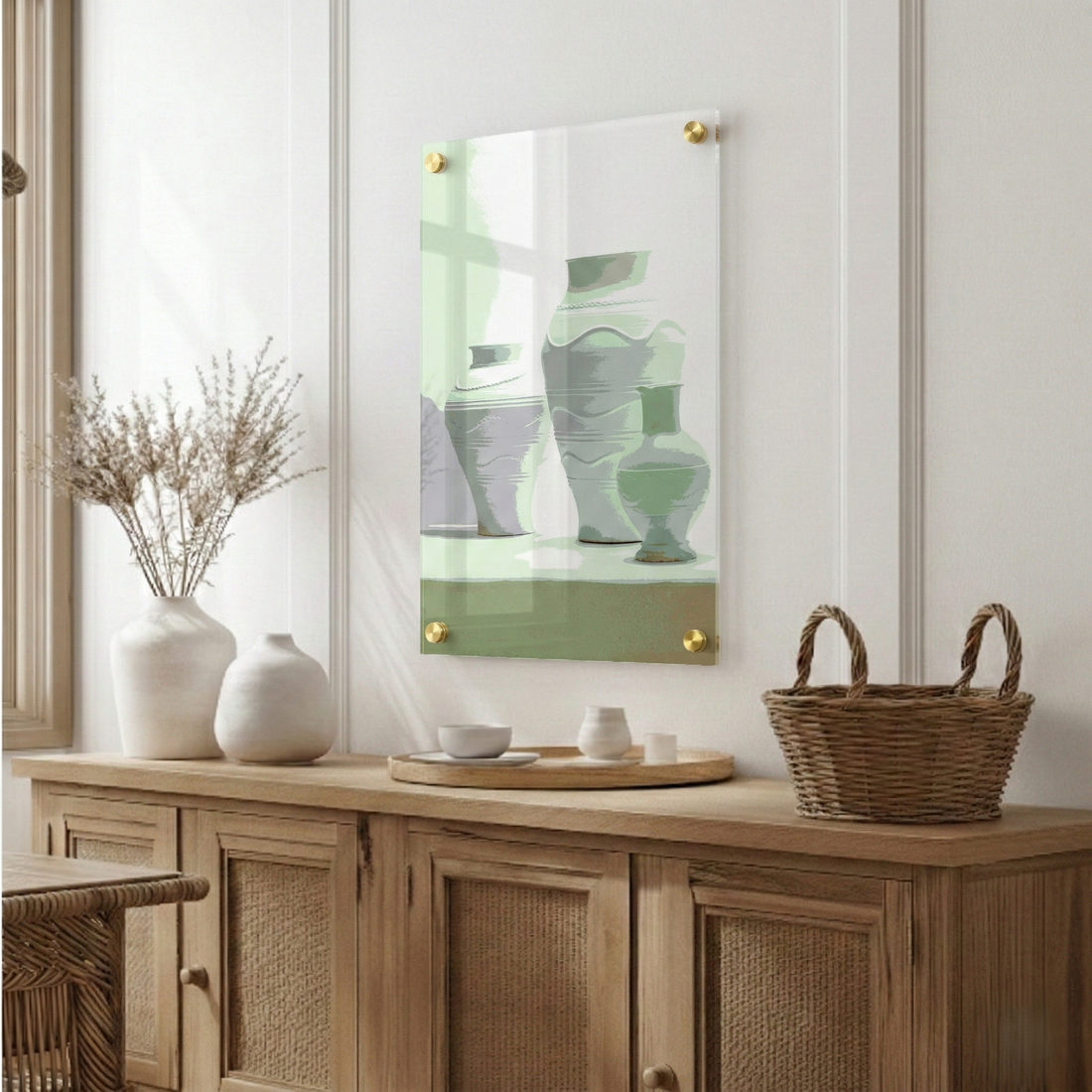 Olive Jars in Silhouette Sage – 24x36" Modern Acrylic Wall Art