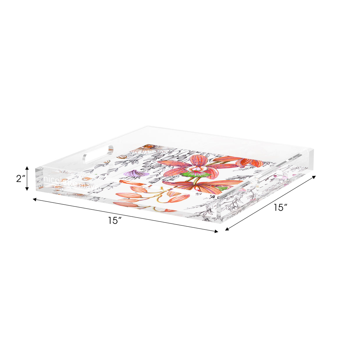 Orchid Pangea Orange Pink Green Acrylic Decorative Tray, 15 x 15 in. by Nicolette Mayer 