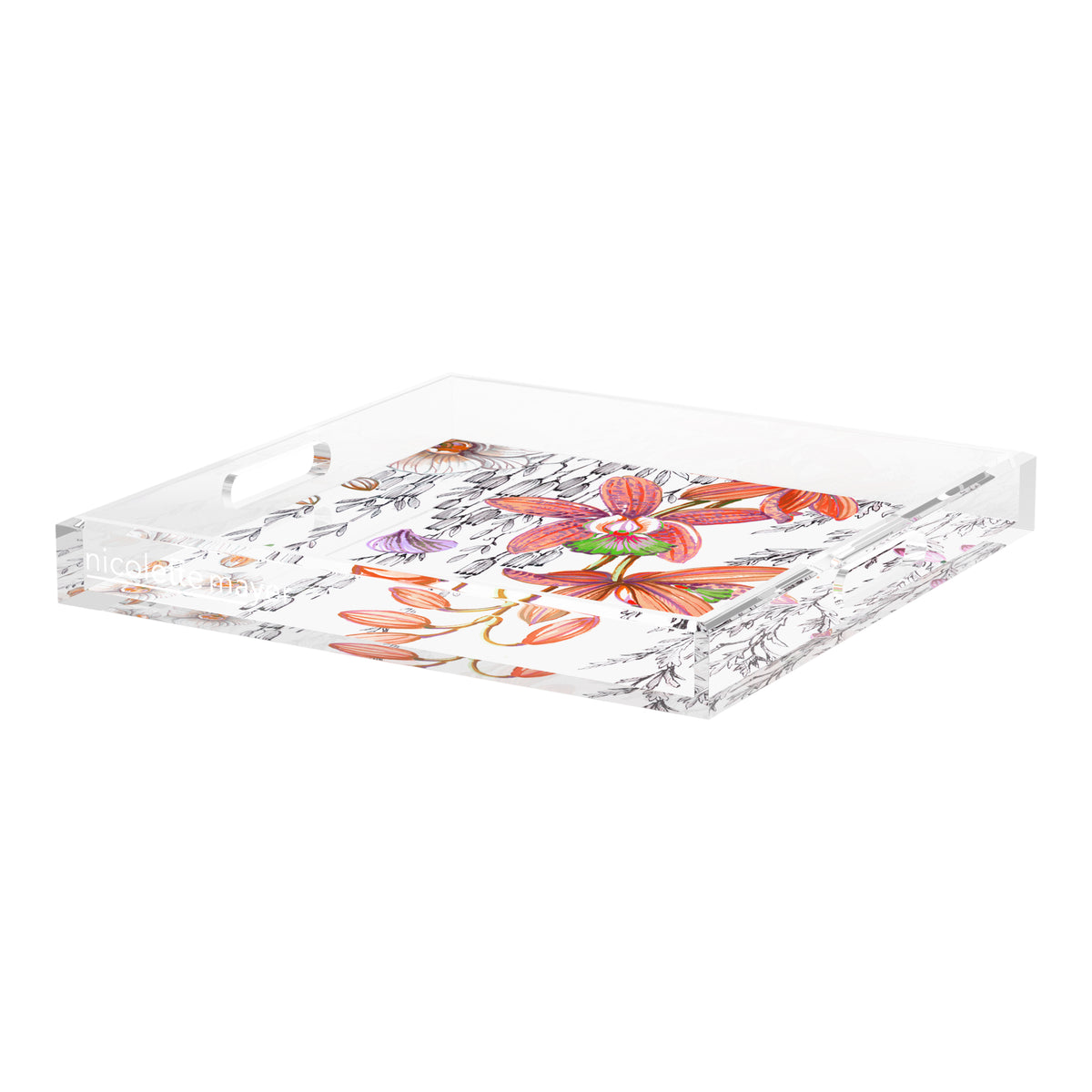 Orchid Pangea Orange Pink Green Acrylic Decorative Tray, 18 x 18 in. by Nicolette Mayer 