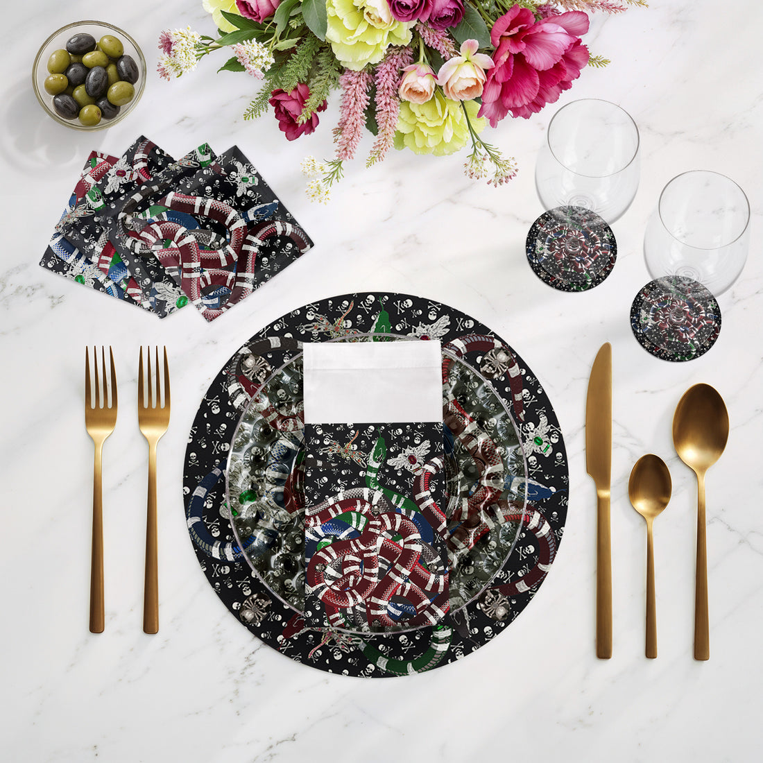 Ouroboros-Skull-sBlack-16&quot;-Round-Pebble-Placemat-Set-of-4 - nicolettemayer.com