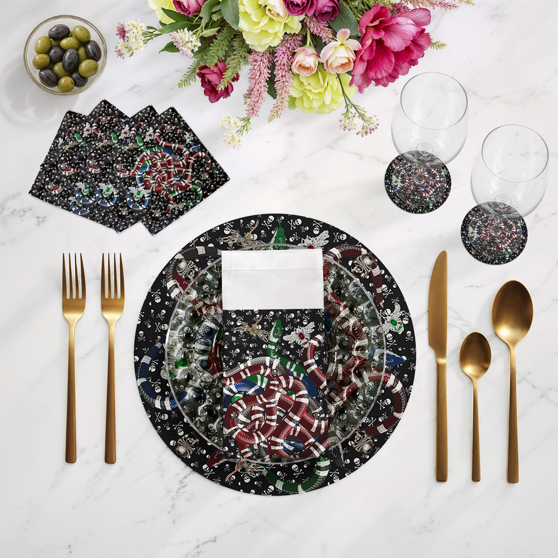 Ouroboros-Skull-sBlack-16"-Round-Pebble-Placemat-Set-of-4 - nicolettemayer.com