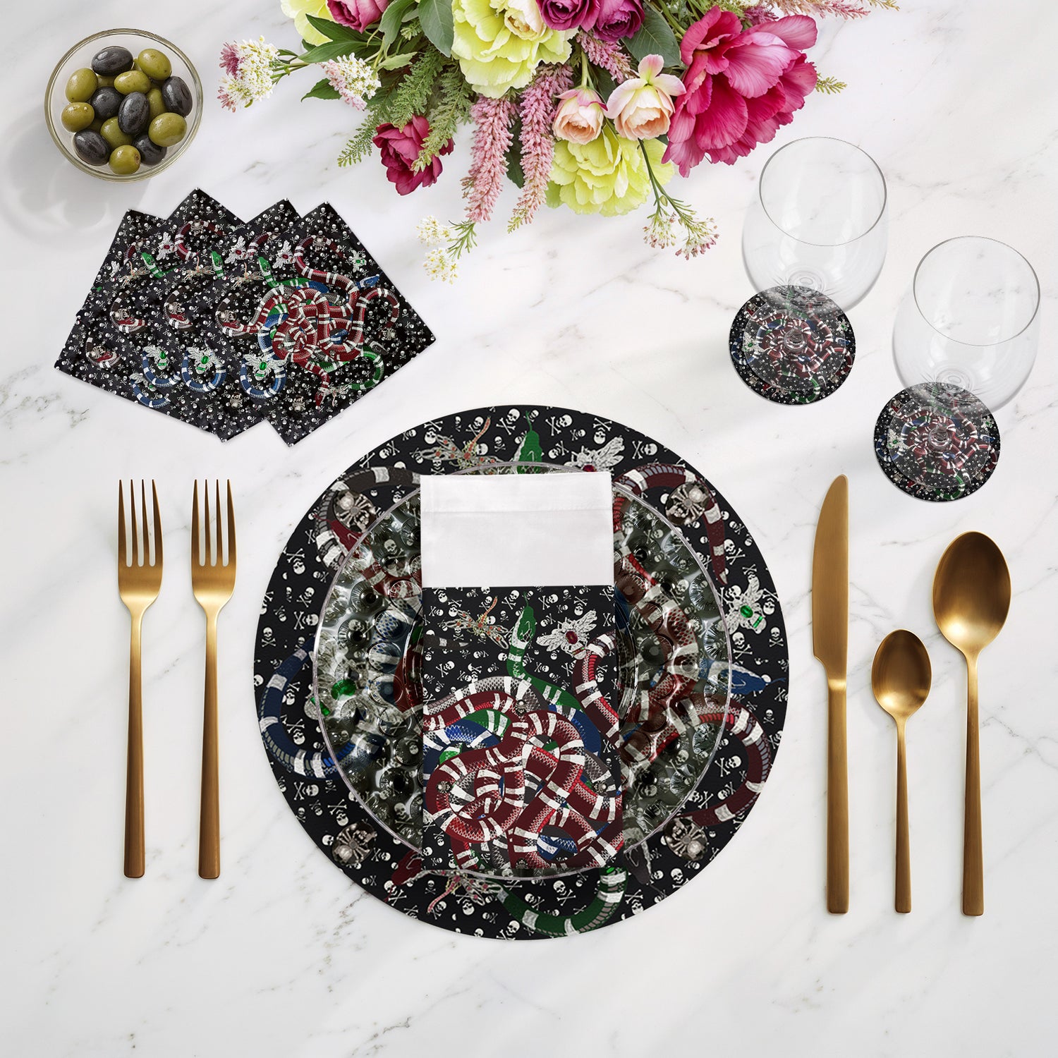 Ouroboros Skulls Black Cotton Sateen Dinner Napkins - nicolettemayer.com