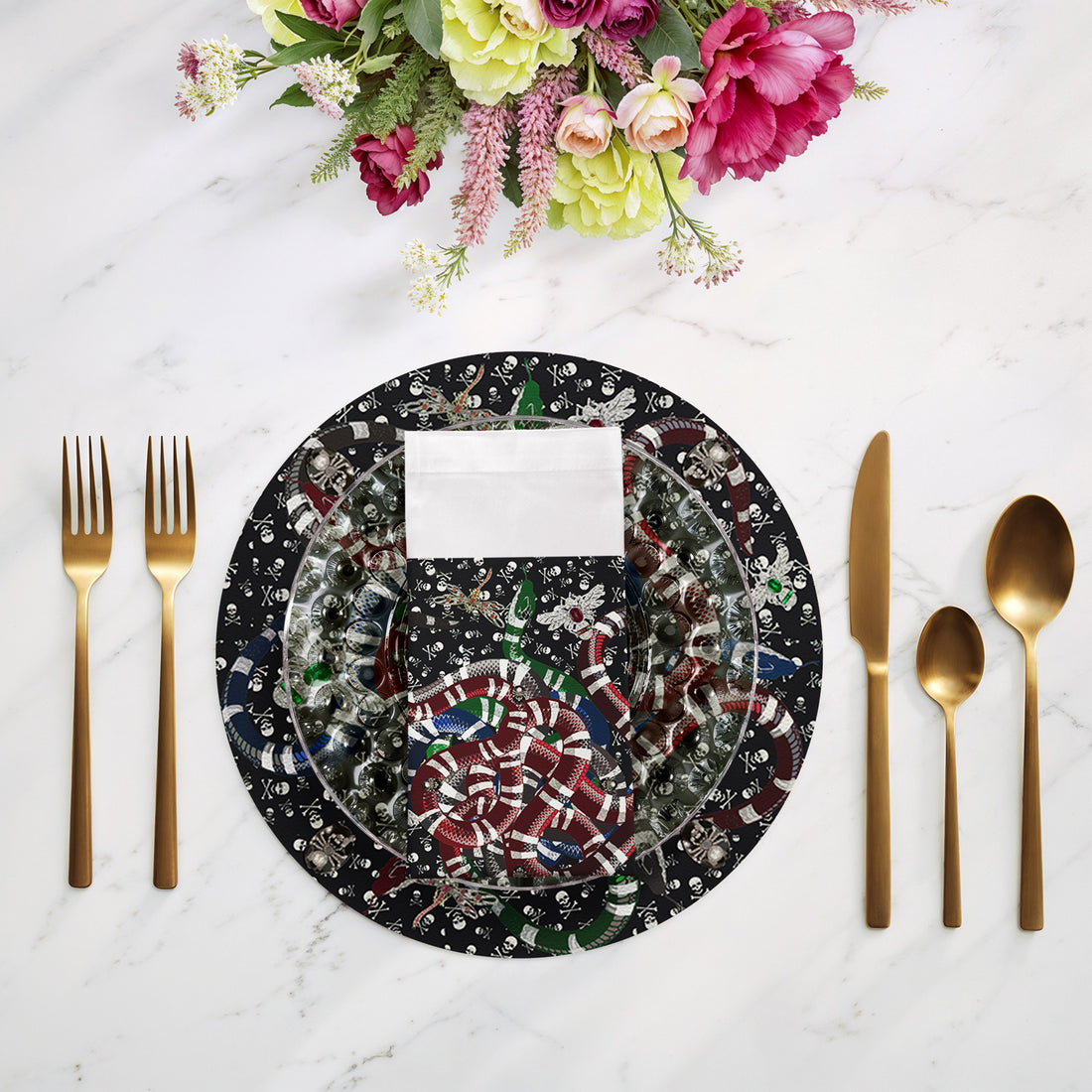 Ouroboros Skulls Black Cotton Sateen Dinner Napkins - nicolettemayer.com