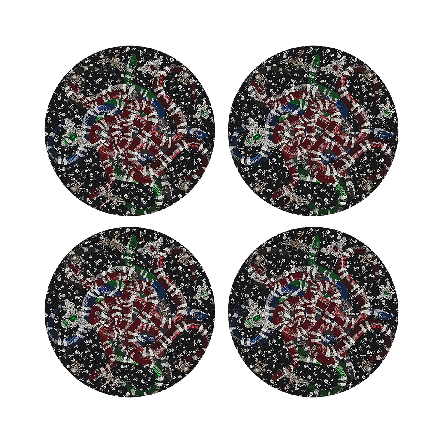 Ouroboros Skulls Black Vegan Leather Round Coasters
