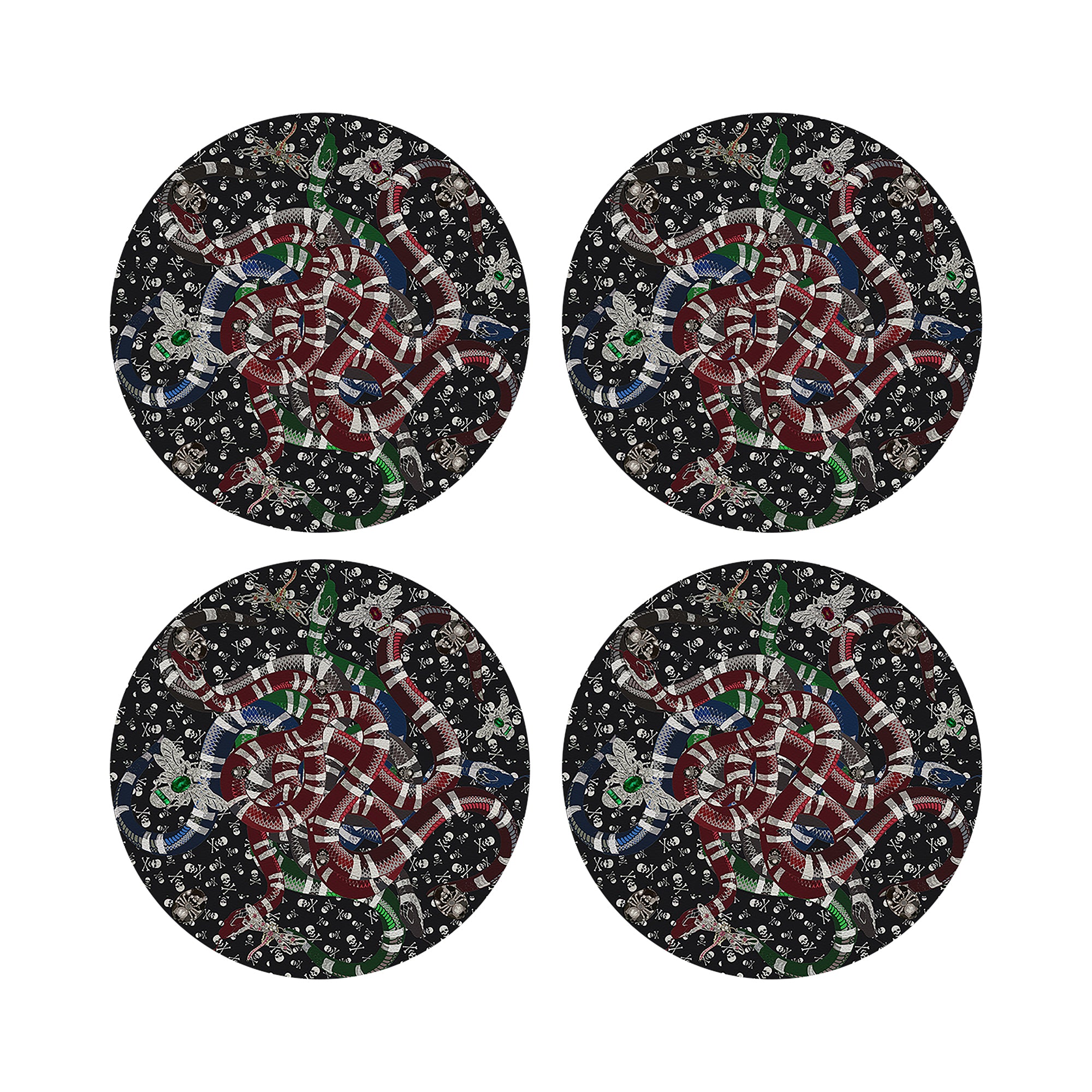 Ouroboros Skulls Black Vegan Leather Round Coasters