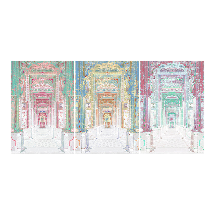 Palatial Jaipur Acrylic Triptych  – Set of 3 Modern Wall Art Panels, 96x48&quot; overall  (32x48&quot; each)