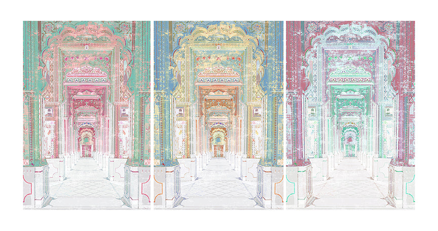 Palatial Jaipur Acrylic Triptych  – Set of 3 Modern Wall Art Panels, 96x48&quot; overall  (32x48&quot; each)