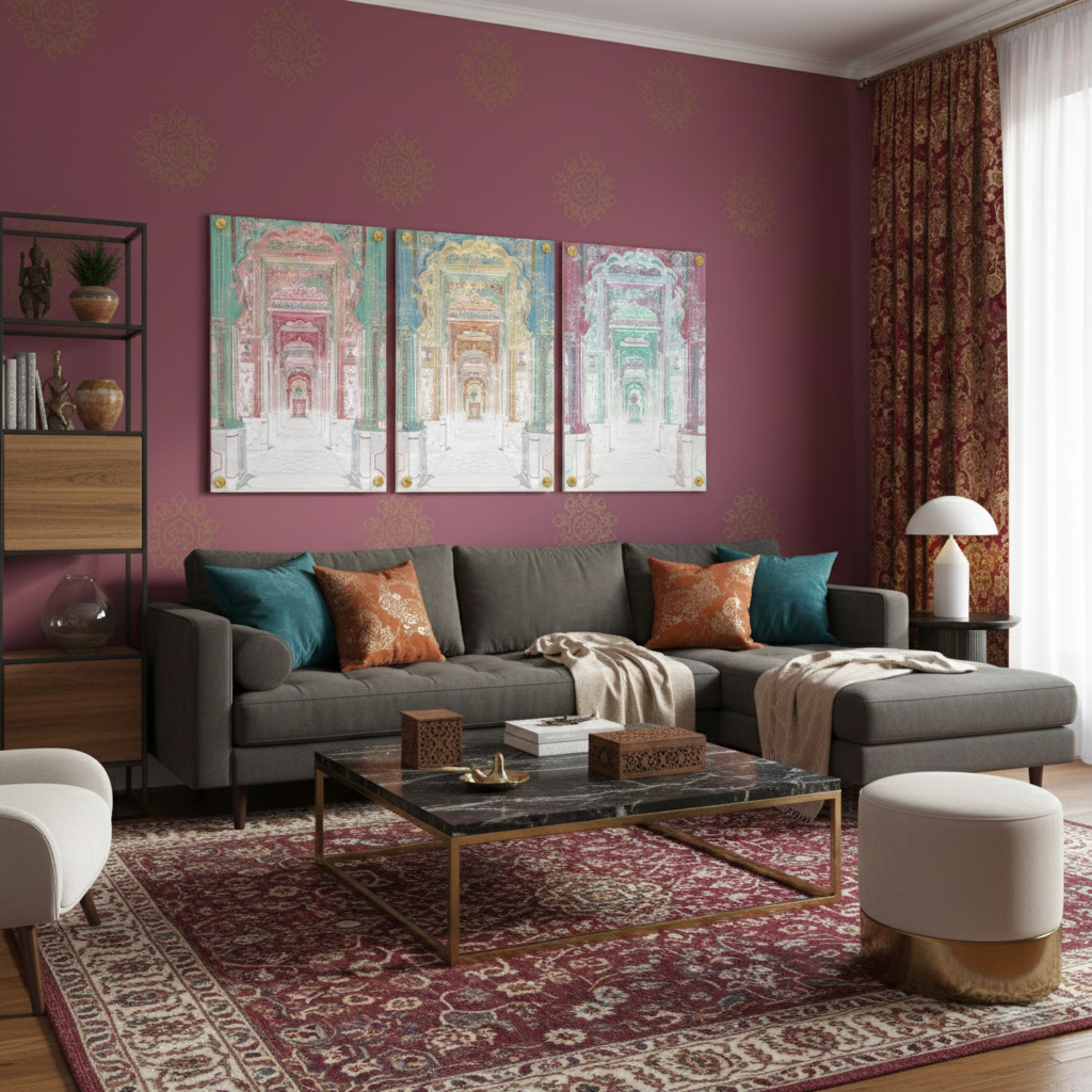 Triptyque acrylique Palatial Jaipur – Ensemble de 3 panneaux muraux modernes, 96 x 48 pouces au total (32 x 48 pouces chacun) 