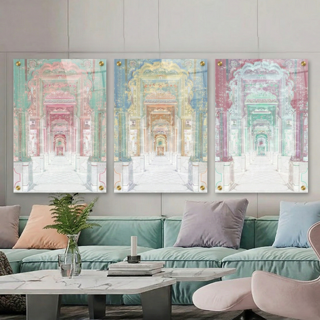 Palatial Jaipur Acrylic Triptych  – Set of 3 Modern Wall Art Panels, 96x48" overall  (32x48" each)