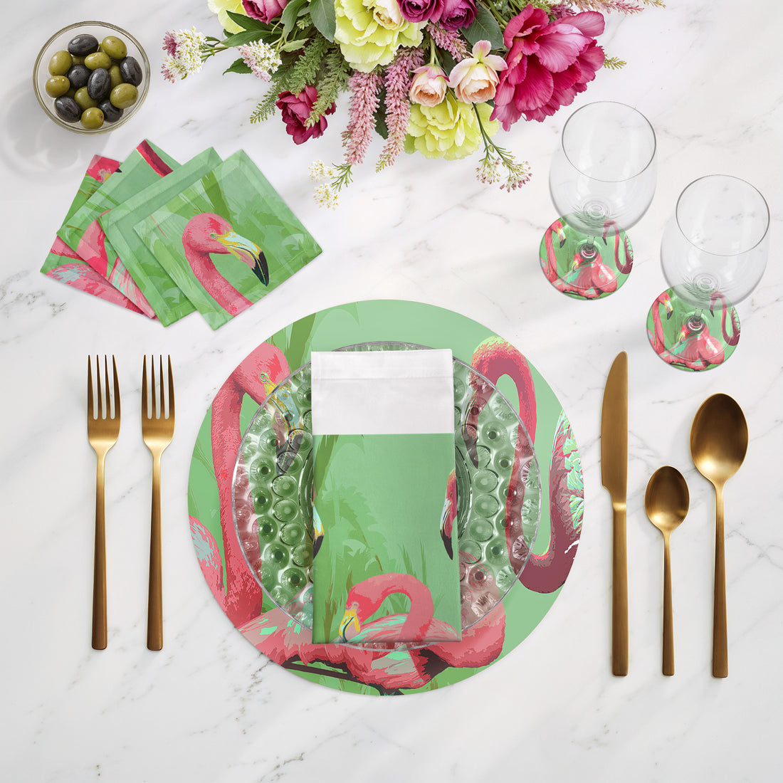 Sets de table ronds en galets Palm Springs Flamingo, 40 cm, lot de 4