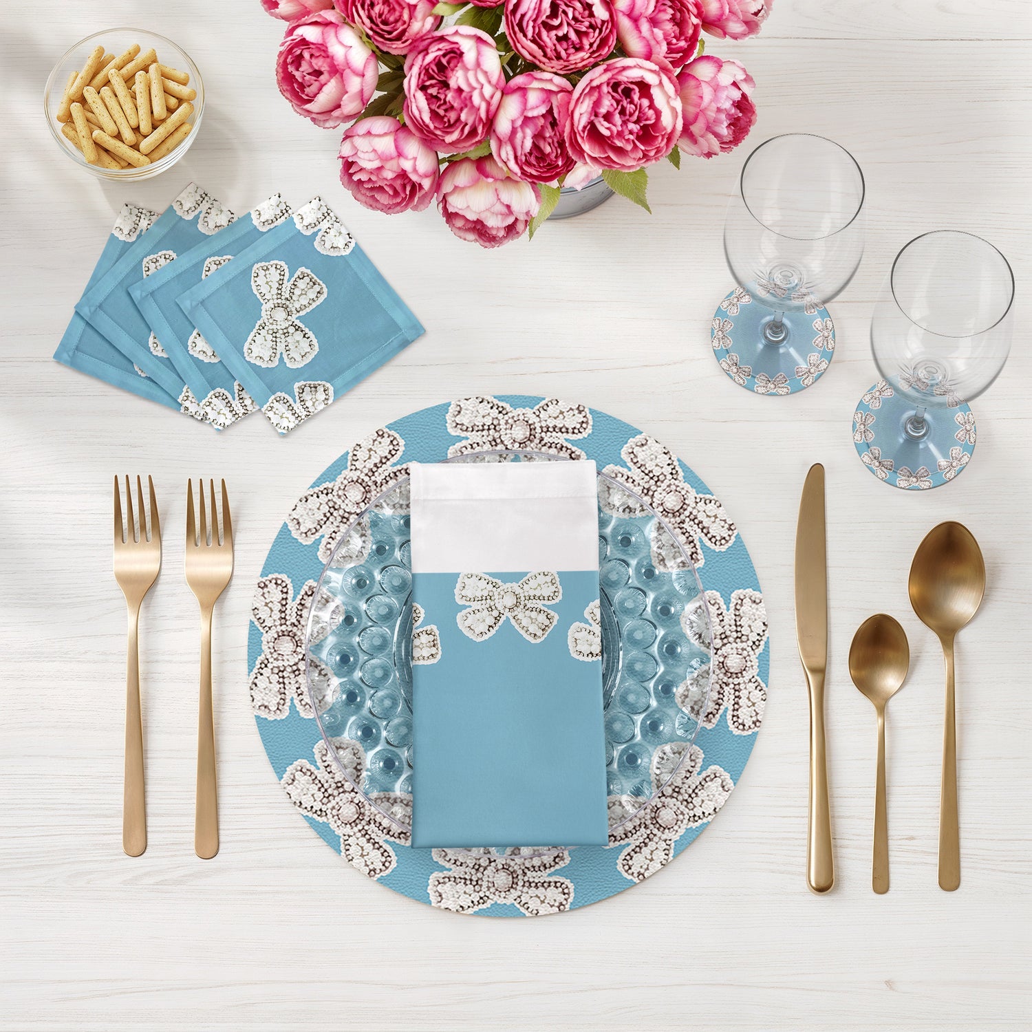 Pearl Bow Bluebell Vegan Leather Round Pebble Placemat