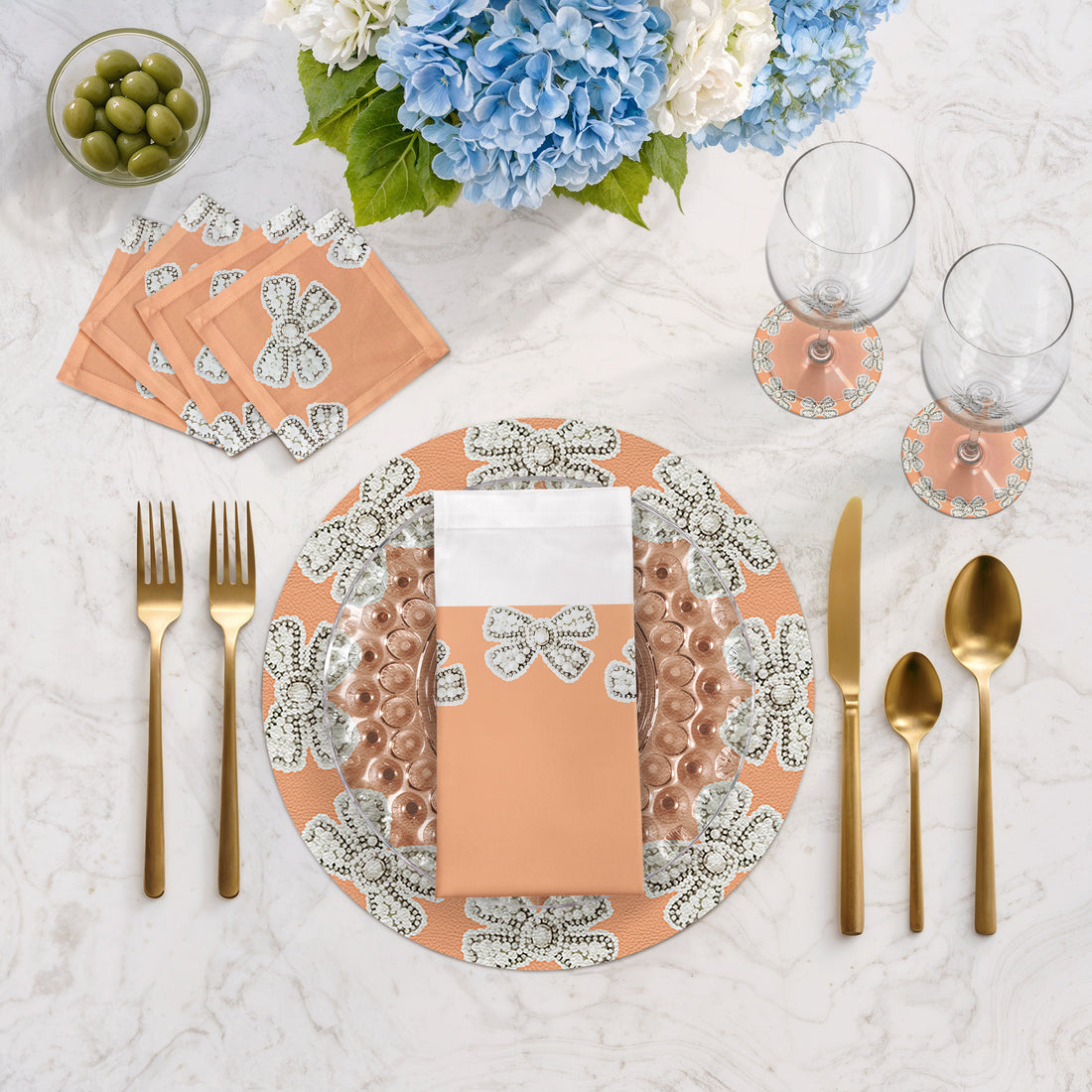 Ensemble de 4 sets de table ronds Pearl Bow Peach de 40 cm