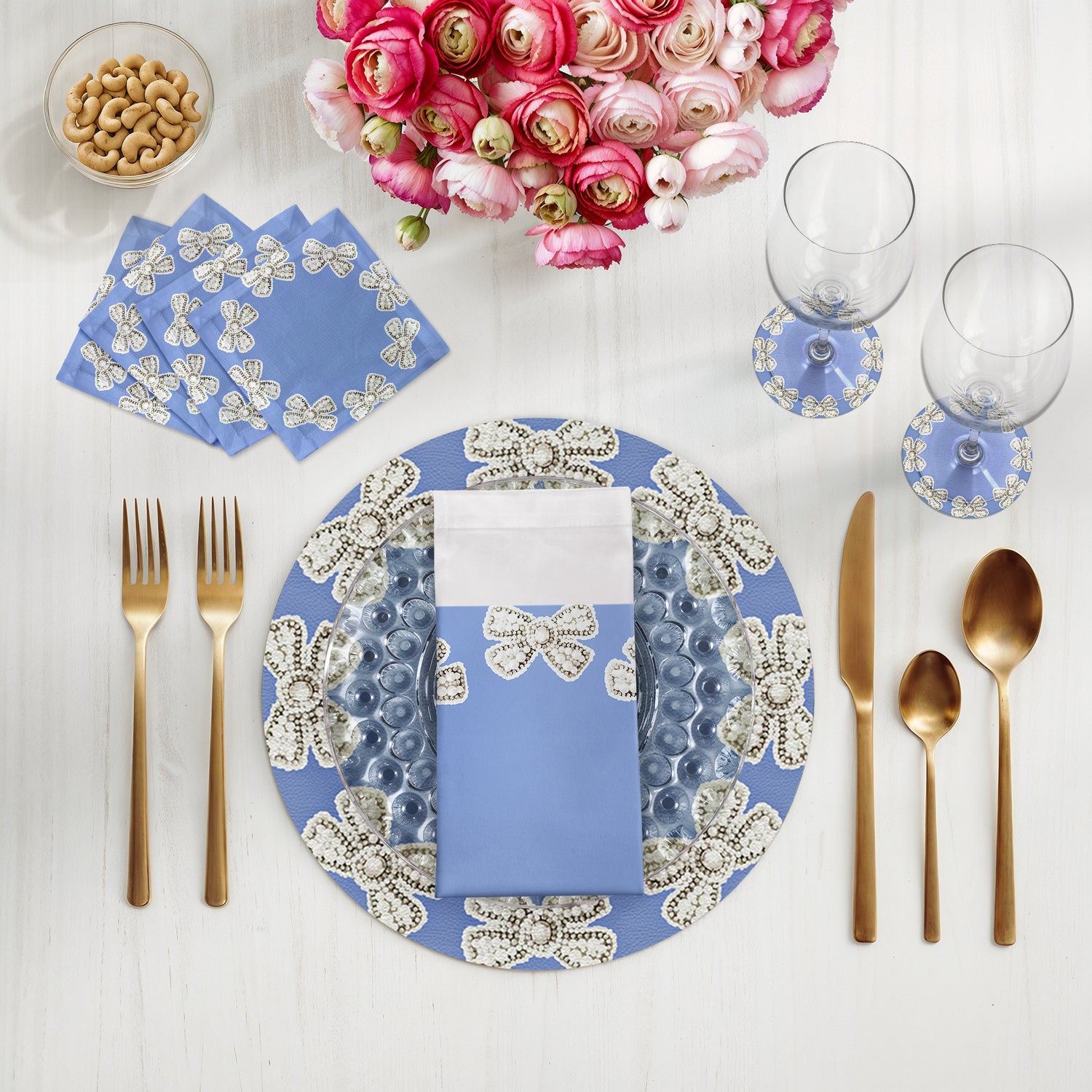 Pearl Bow Blue 16" Round Pebble Placemats, Set of 4 - nicolettemayer.com
