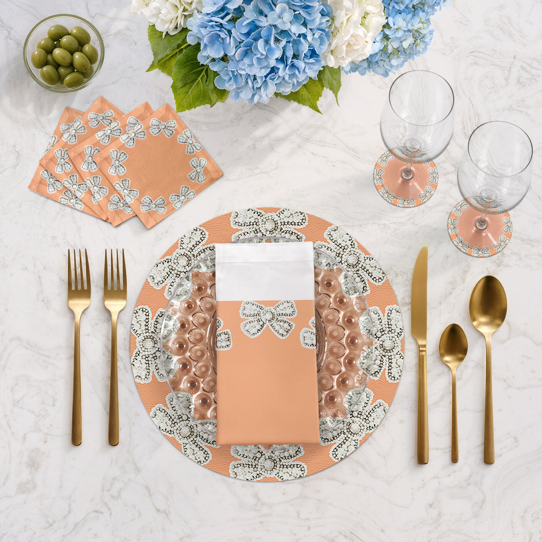 Pearl Bow Peach 16" Round Pebble Placemats, Set of 4 - nicolettemayer.com

