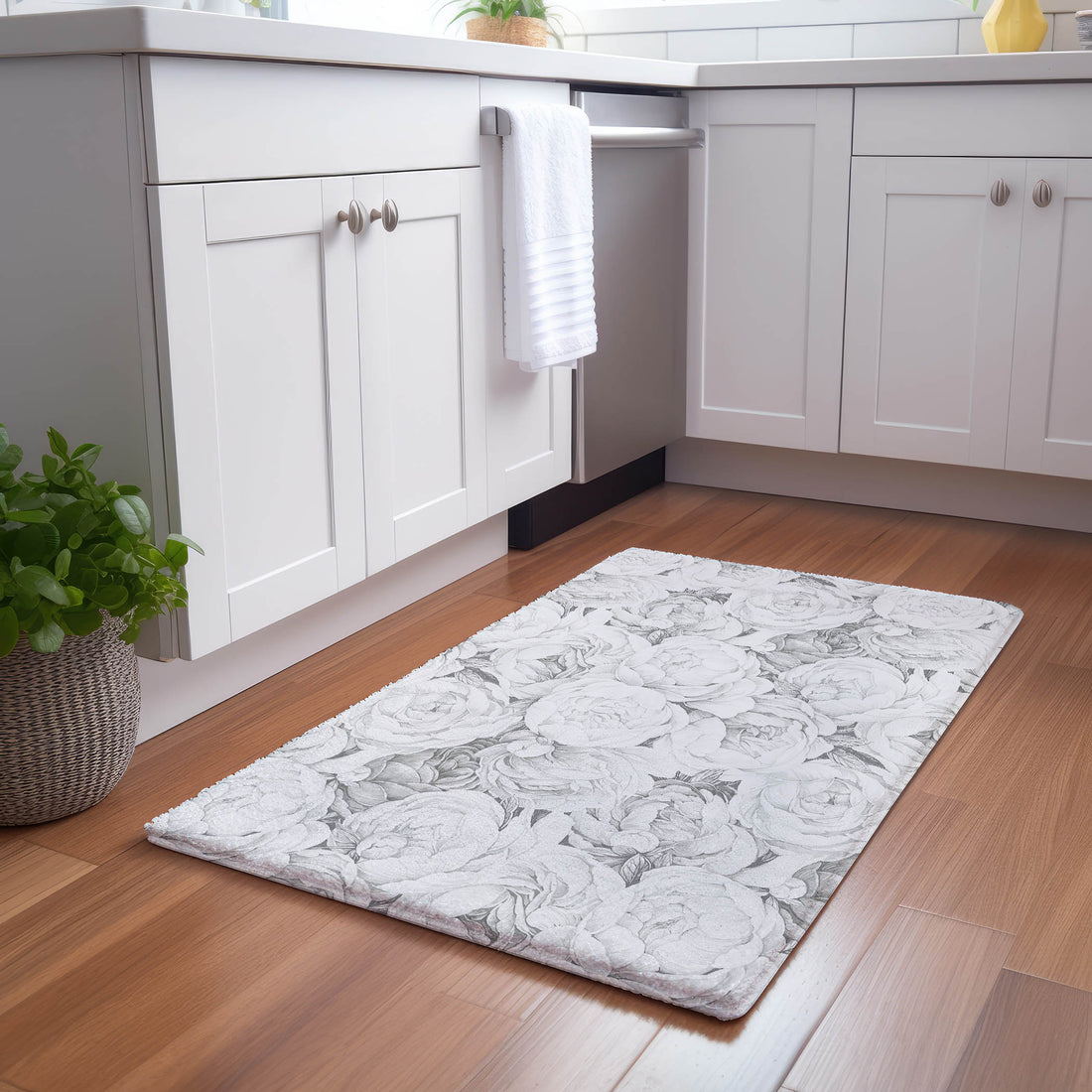 Peony Passion Black White Cloud Rectangle Washable Rug