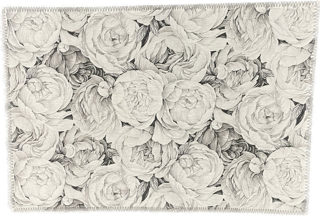 Peony Passion Black White Chenille Washables Rug