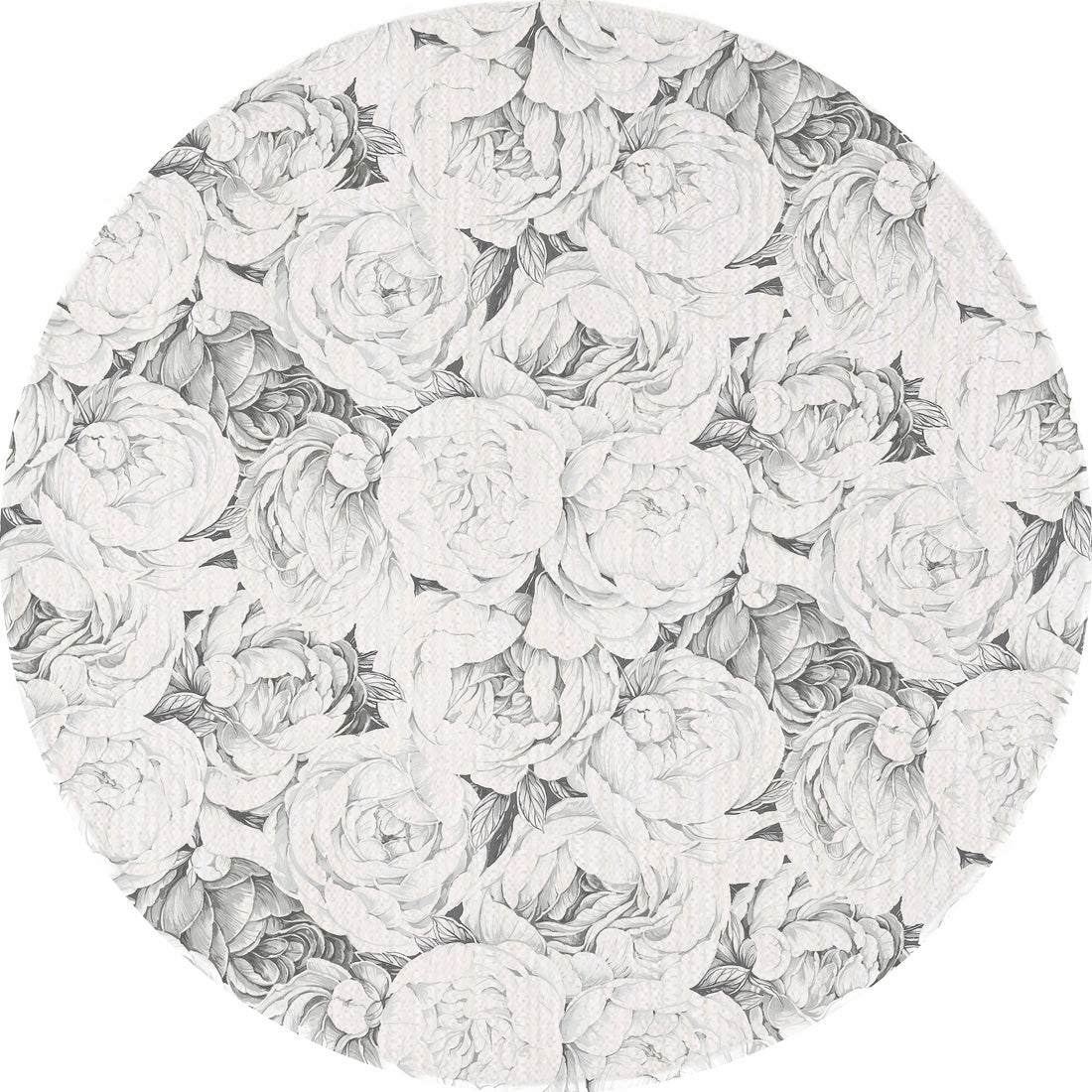 Peony Passion Black White Round Chenille Washable Rug