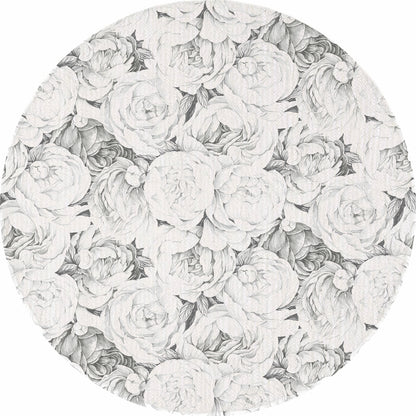 Peony Passion Black White Round Chenille Washable Rug