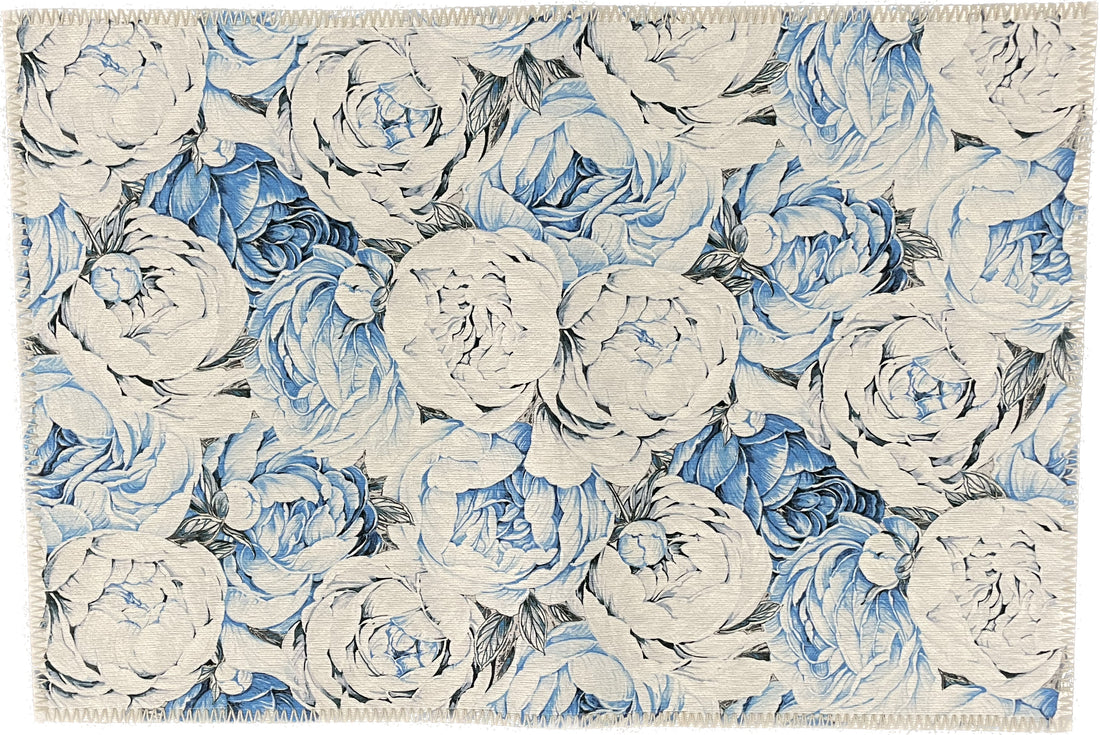 Peony Passion Delft White Chenille Washables Rug