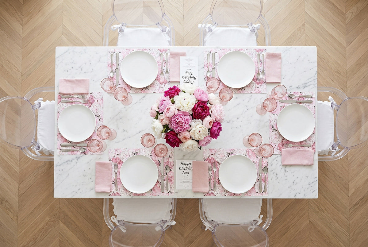 Peony passion, paper placemat at a Mother’s Day brunch