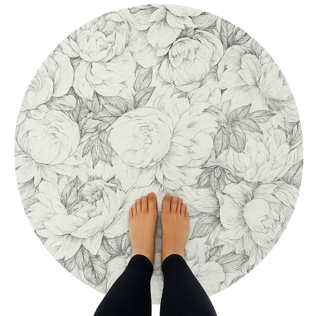 Peony Passion Black White Round Cloud Washable Rug