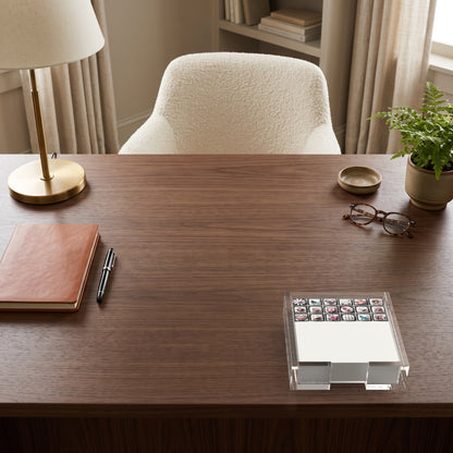 Petite Fours note cards in a clear acrylic holder on a walnut desk by Nicolette Mayer